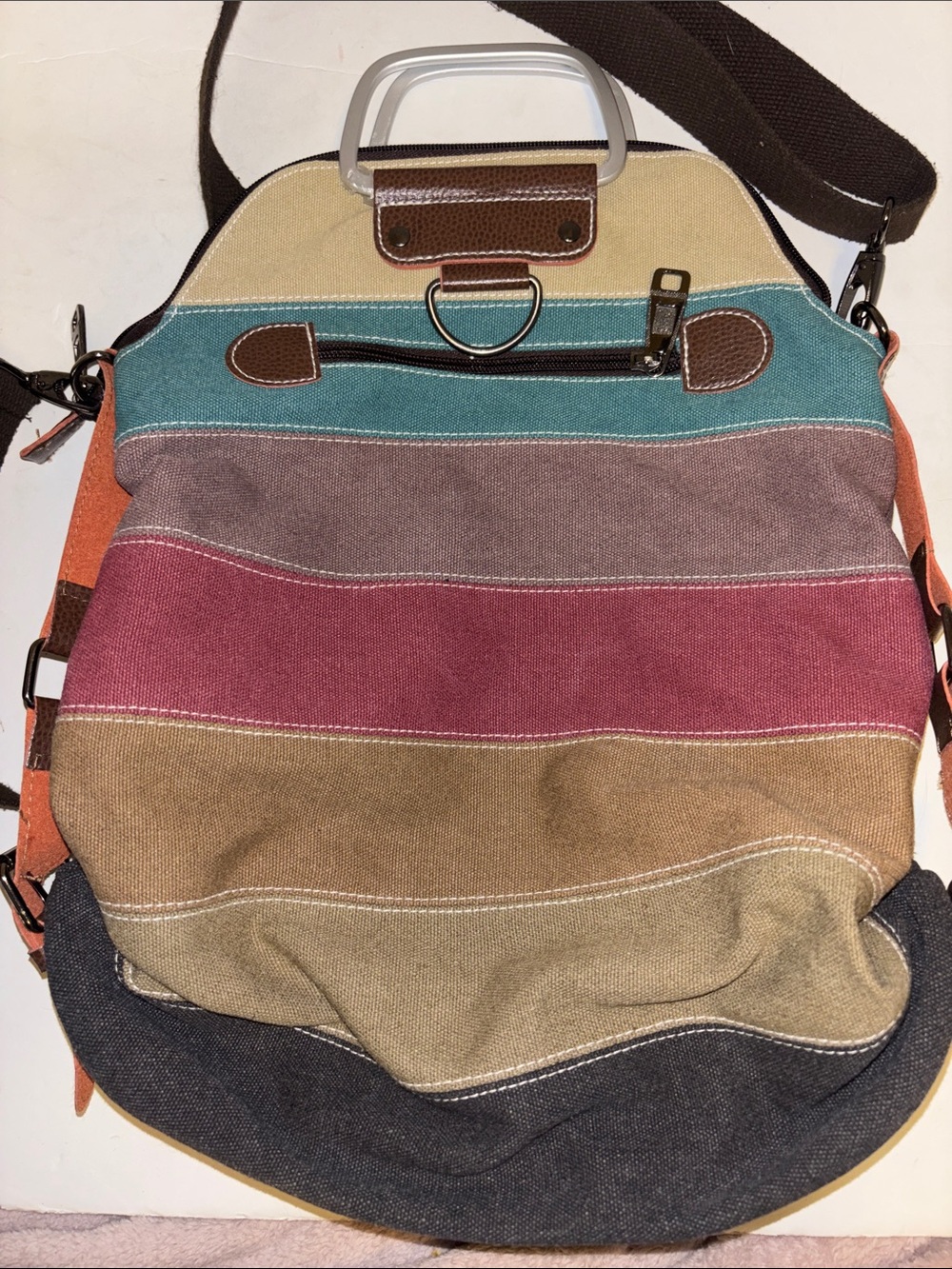 MULTICOLORED STRIPED CANVAS ADJUSTABLE BACKPACK WITH SILVER HANDLES PRELOVED - Picture 2 of 9